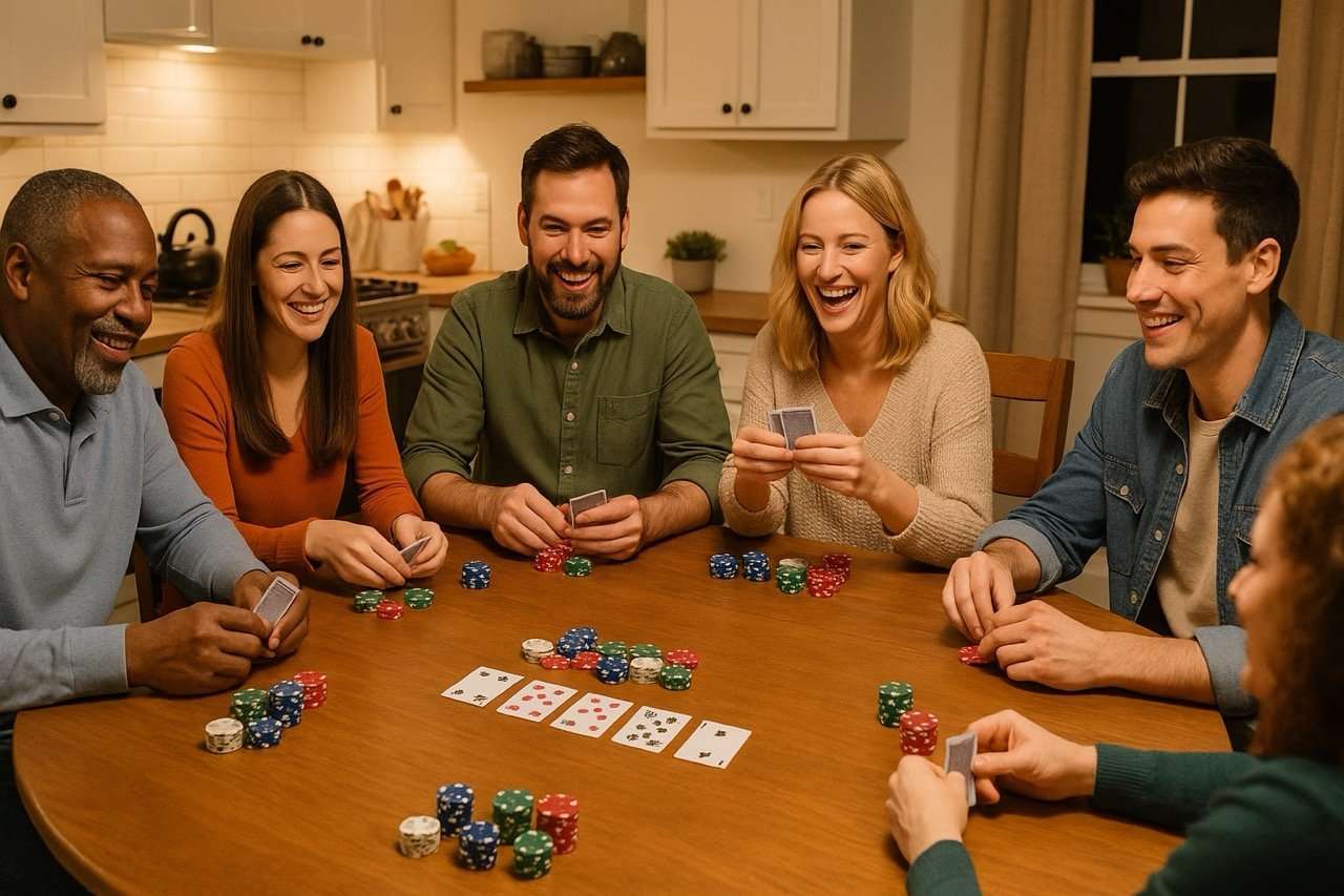Poker game setup with chips and cards